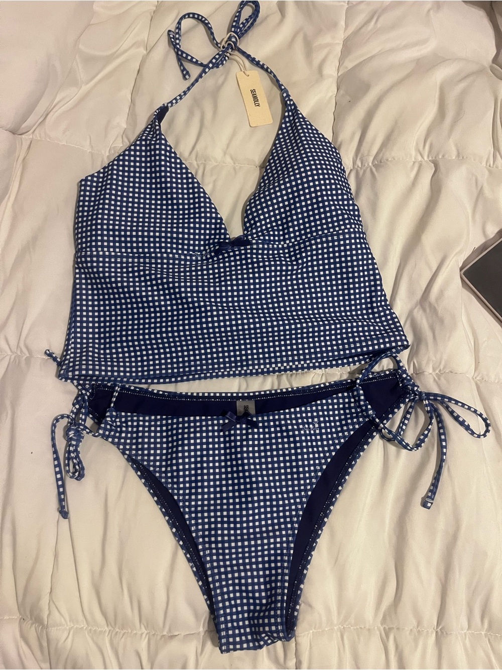 Navy Gingham Halter Tankini Bikini Set